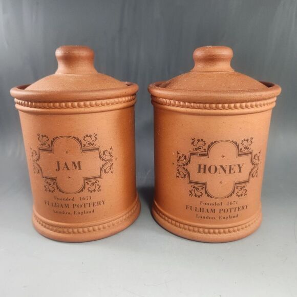 Fulham Pottery Set of 2 Jam Jar & Honey Pot w Lids Crock Redware England Rare - Picture 1 of 13